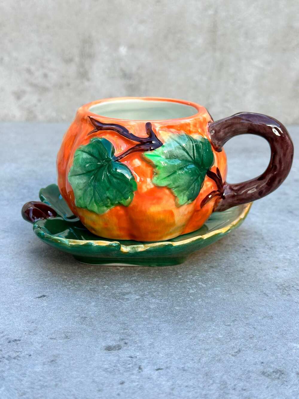 CornerRuby Harvest Collection Pumpkin Teacup & Leaf Saucer | Ceramic Fall Coffee